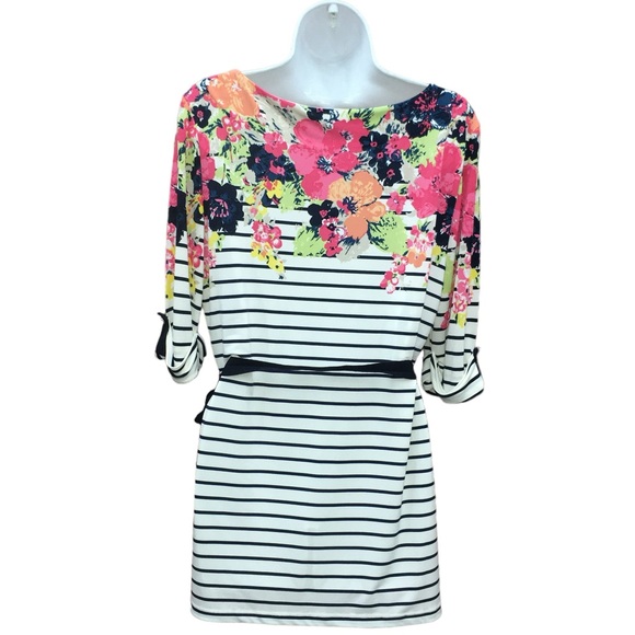 Charter Club Striped Floral Belted Stretch Top Blouse - Women’s PL Petite Large - Picture 7 of 10